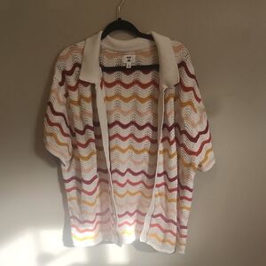 Open-Front Crochet Cardigan in White with Pink & Yellow Waves